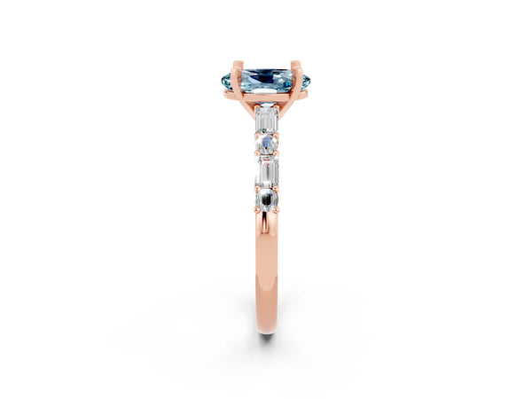Rose gold Oval Cut Aquamarine Solitaire with Side Baguettes and Channel Set Band