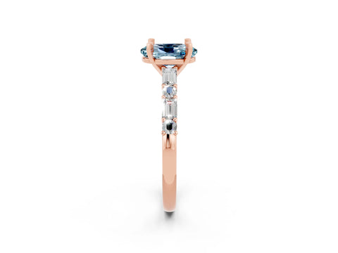 Rose gold Oval Cut Aquamarine Solitaire with Side Baguettes and Channel Set Band_2