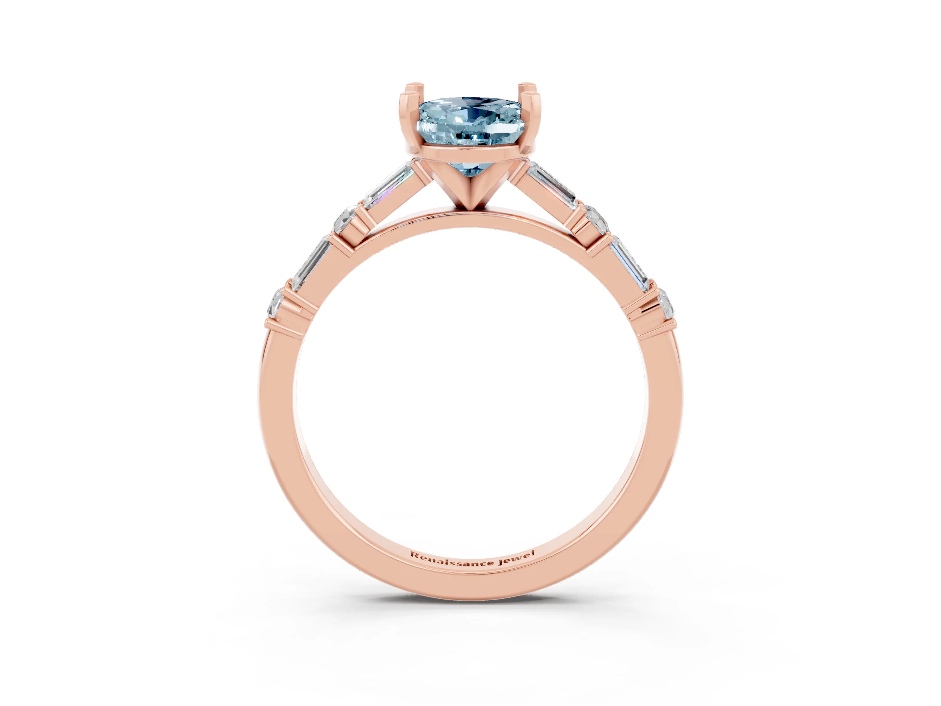 Rose gold Oval Cut Aquamarine Solitaire with Side Baguettes and Channel Set Band_3