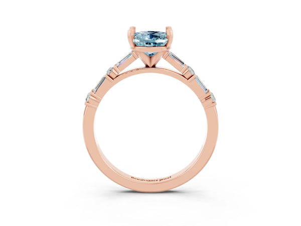 Rose gold Oval Cut Aquamarine Solitaire with Side Baguettes and Channel Set Band