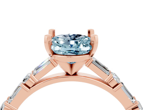 Rose gold Oval Cut Aquamarine Solitaire with Side Baguettes and Channel Set Band_4