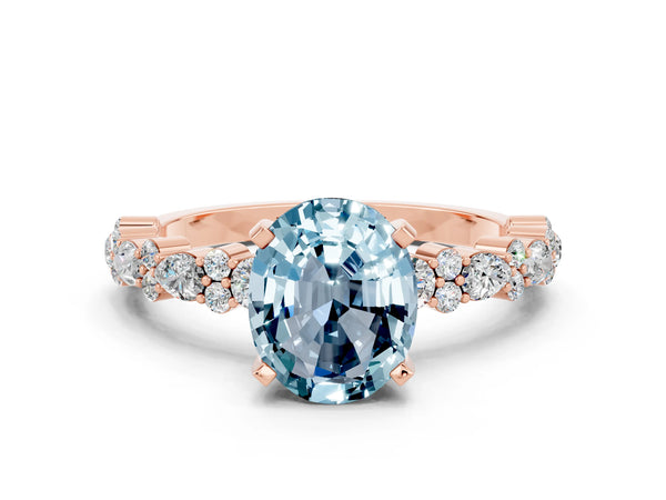 Rose gold Oval Cut Aquamarine Side Stone Solitaire Ring with Round  and Four-Prong Setting