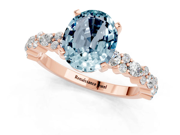 Rose gold Oval Cut Aquamarine Side Stone Solitaire Ring with Round  and Four-Prong Setting