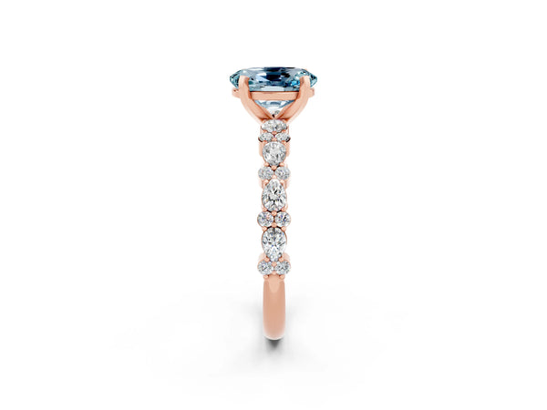 Rose gold Oval Cut Aquamarine Side Stone Solitaire Ring with Round  and Four-Prong Setting