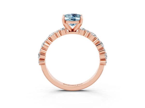 Rose gold Oval Cut Aquamarine Side Stone Solitaire Ring with Round  and Four-Prong Setting