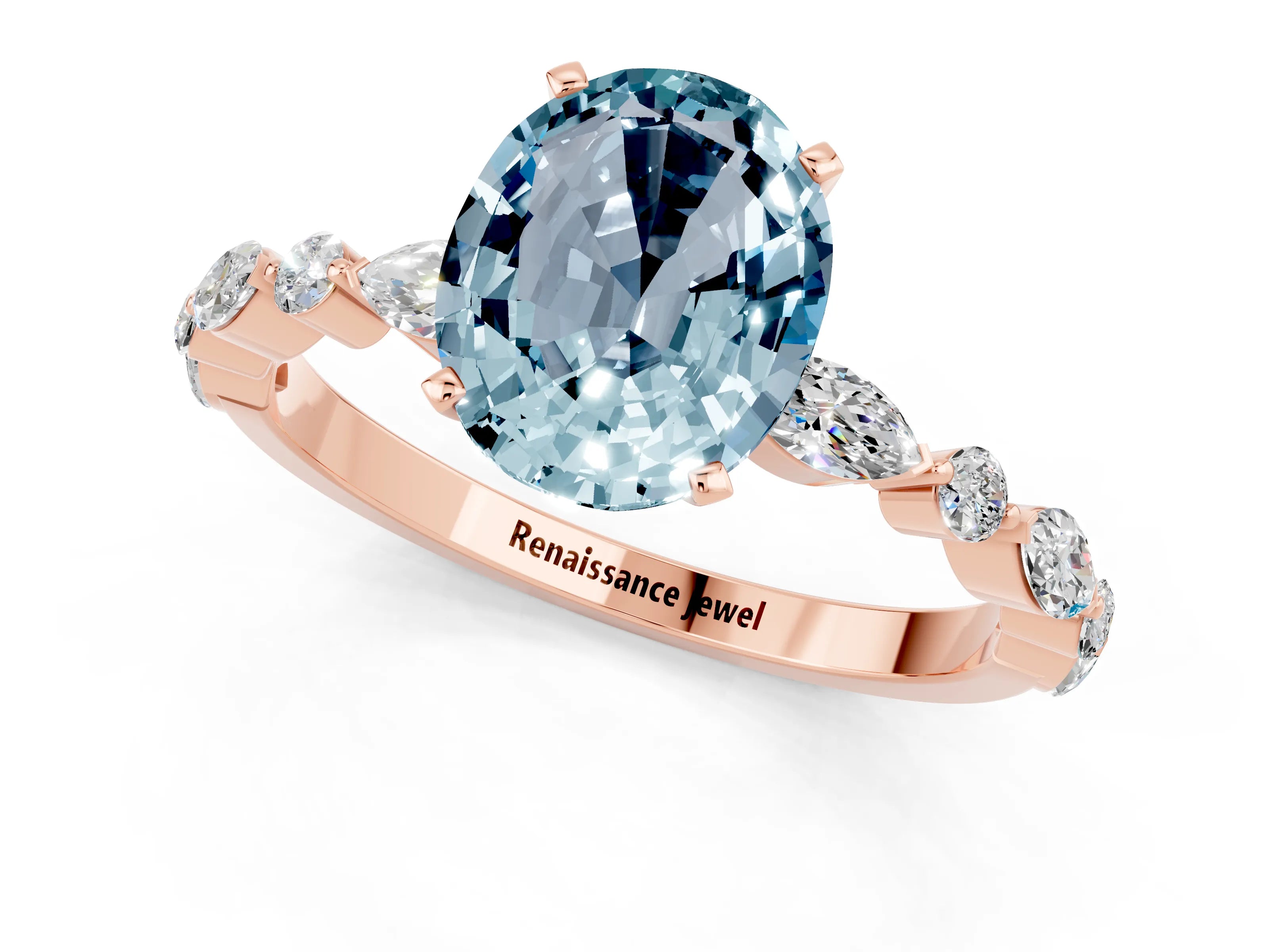 Rose gold Oval Cut Aquamarine Solitaire with Side Stones on a Pavé Band and Four-Prong Setting_1