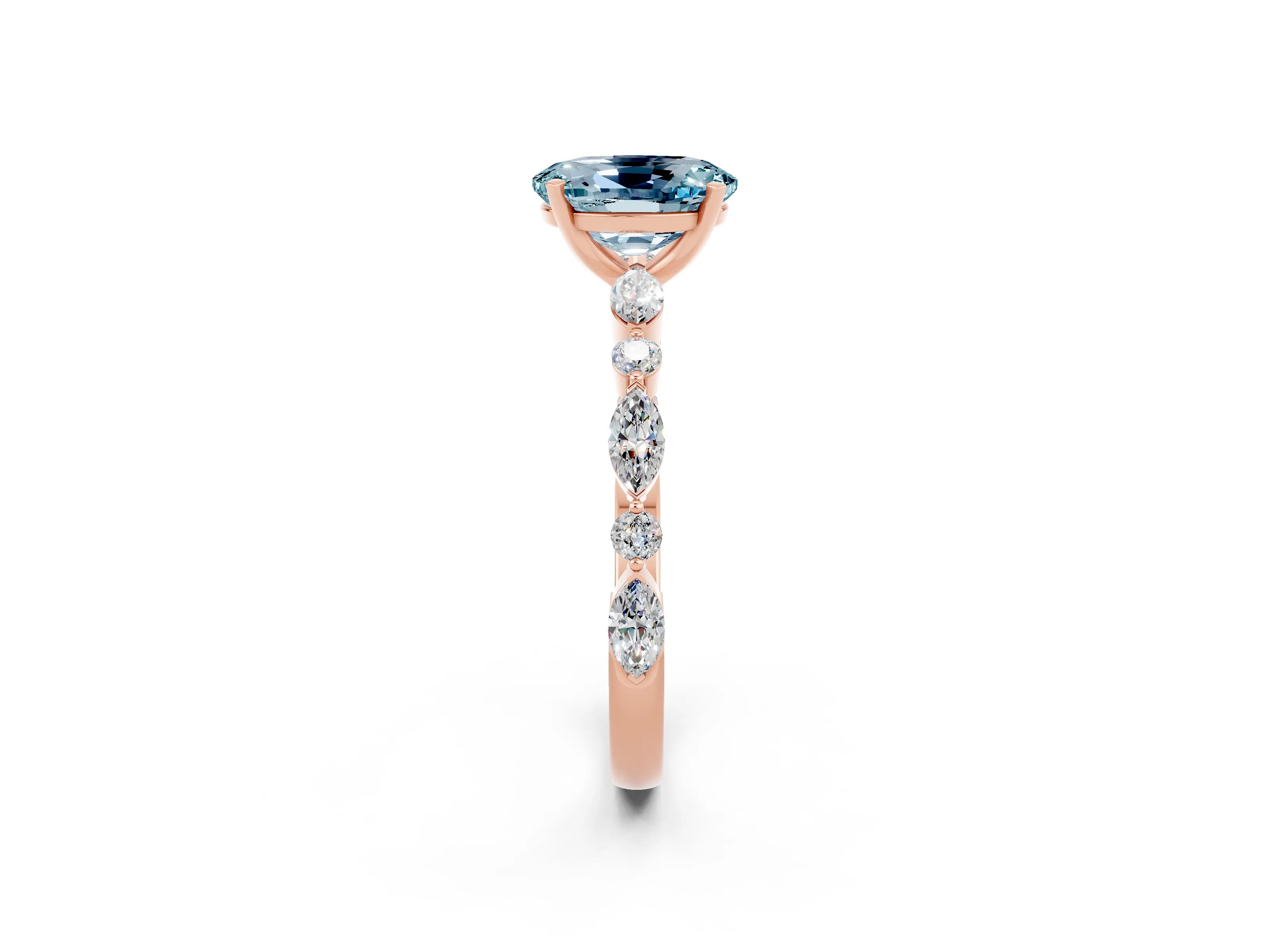Rose gold Oval Cut Aquamarine Solitaire with Side Stones on a Pavé Band and Four-Prong Setting_2