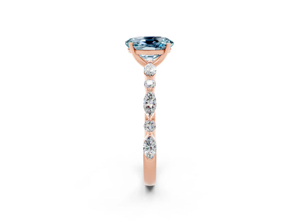 Rose gold Oval Cut Aquamarine Ring with Marquise and Round  Side Stones and Four-Prong Setting
