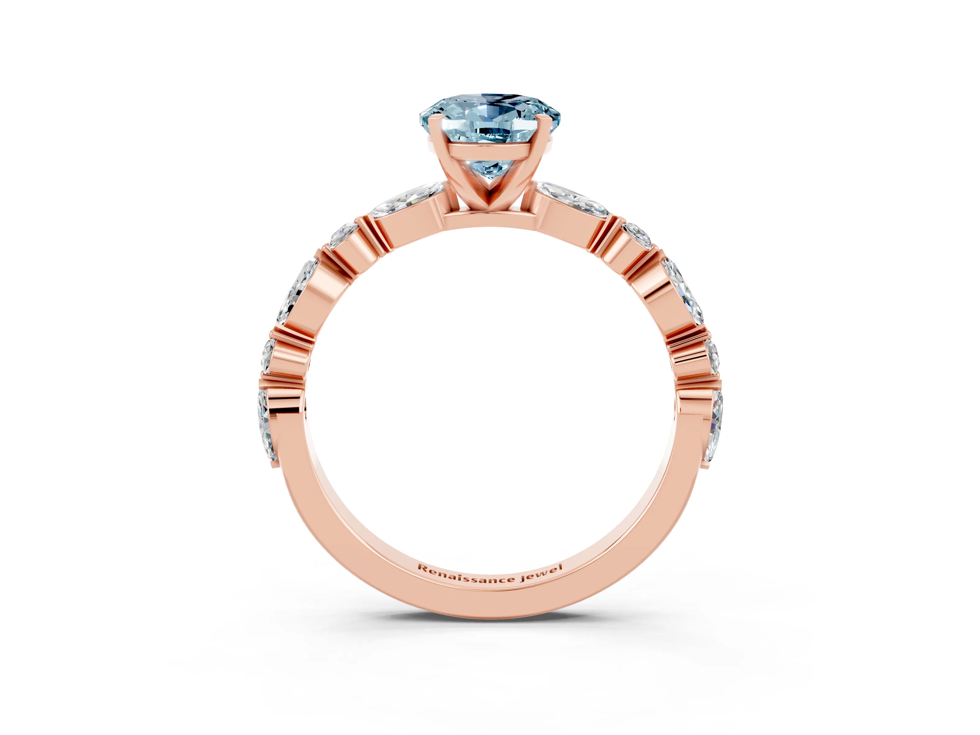 Rose gold Oval Cut Aquamarine Solitaire with Side Stones on a Pavé Band and Four-Prong Setting_3