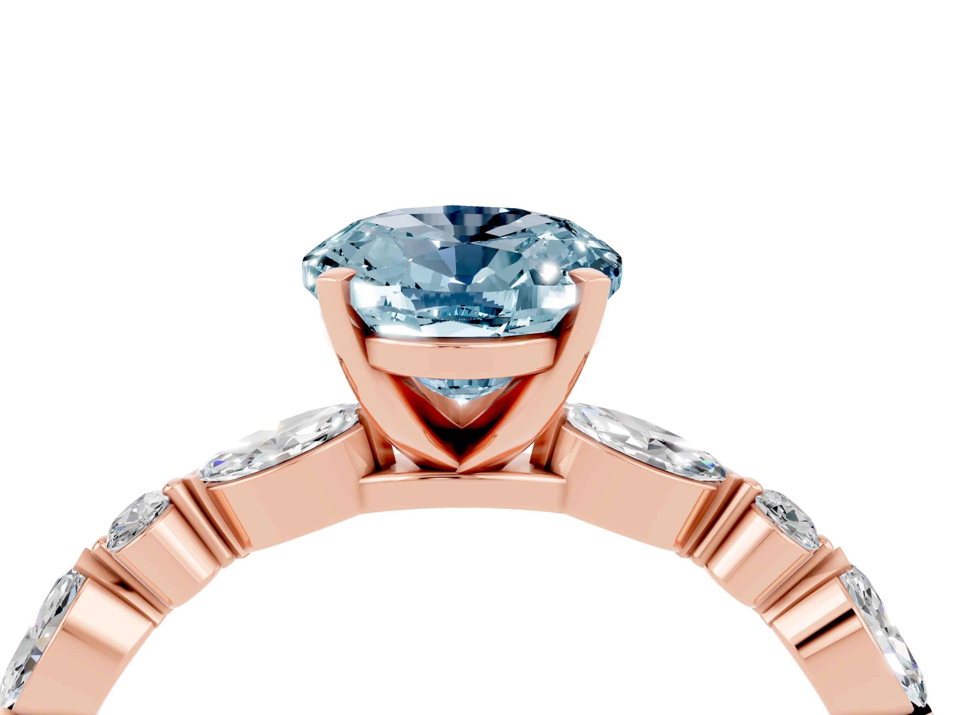 Rose gold Oval Cut Aquamarine Solitaire with Side Stones on a Pavé Band and Four-Prong Setting_4