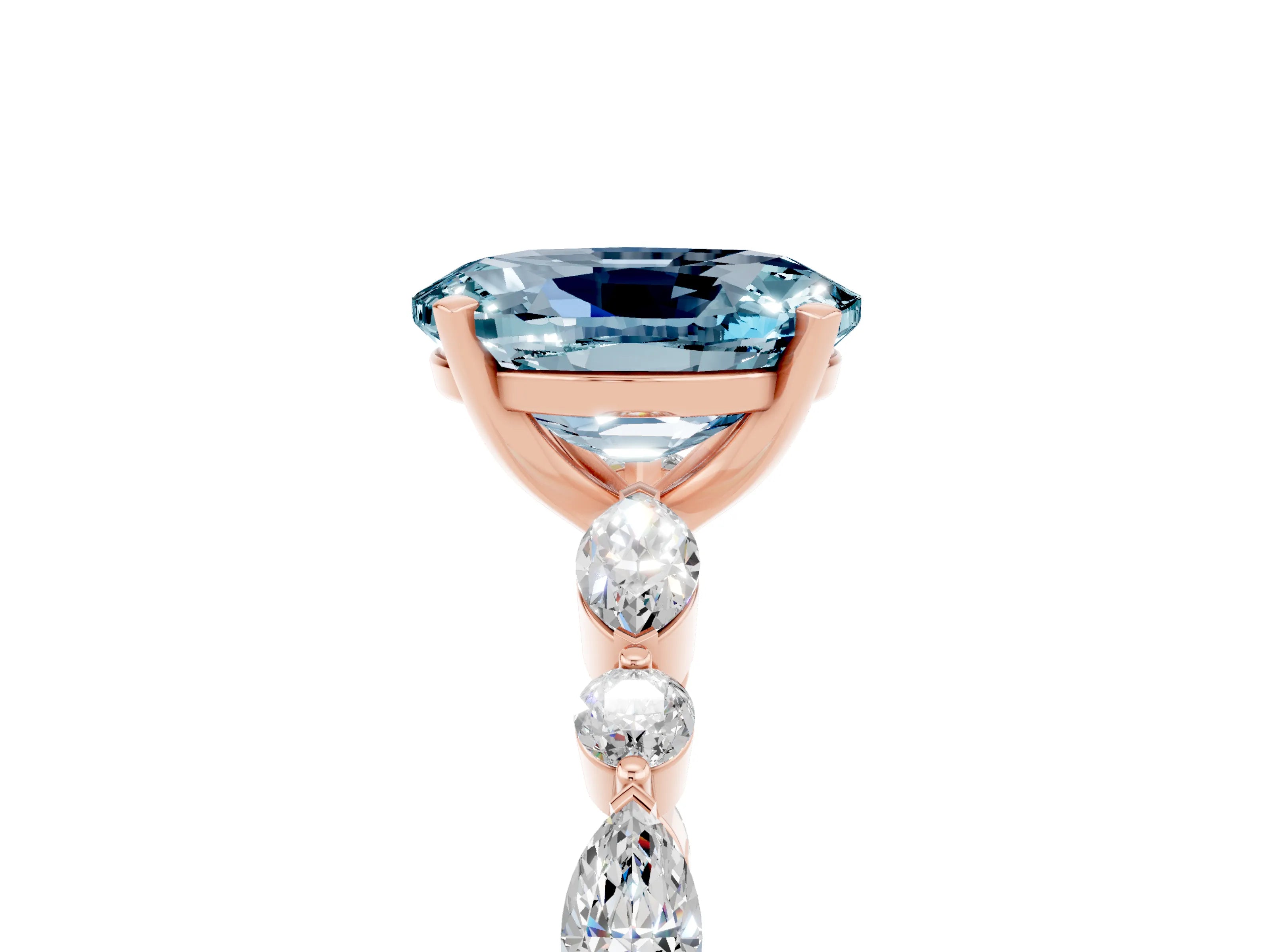 Rose gold Oval Cut Aquamarine Solitaire with Side Stones on a Pavé Band and Four-Prong Setting_5
