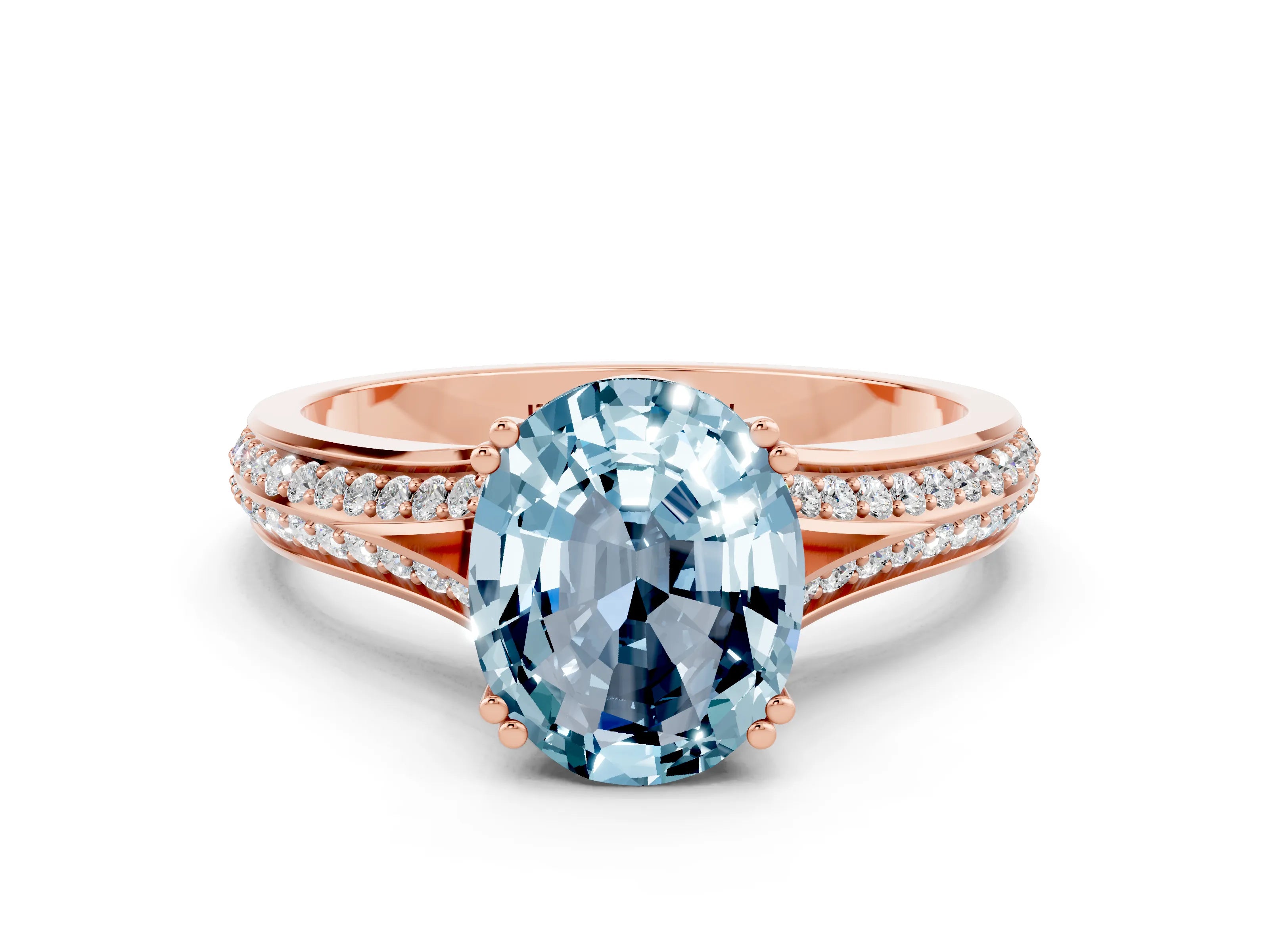 Rose gold Oval Cut Aquamarine Split Shank Engagement Ring with Pavé Band