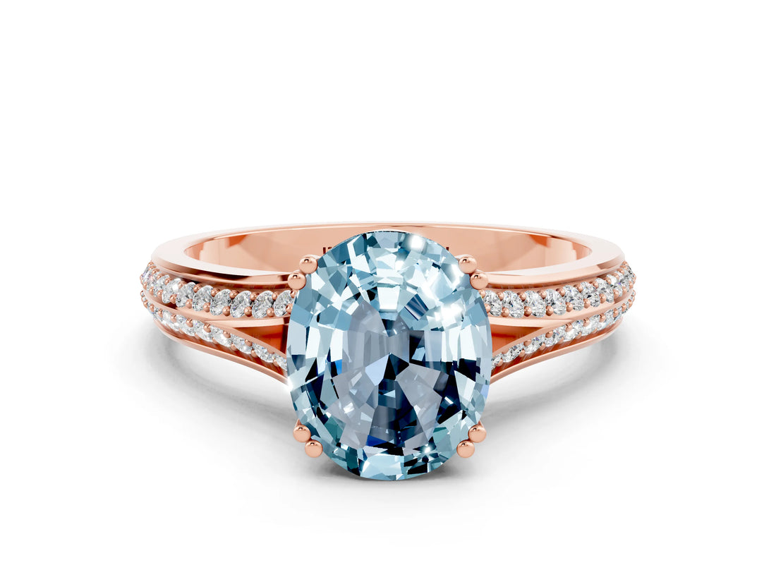 Rose gold Oval Cut Aquamarine Split Shank Engagement Ring with Pavé Band