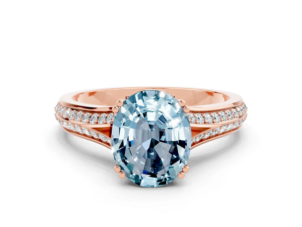 Rose gold Oval Cut Aquamarine Split Shank Engagement Ring with Pavé Band