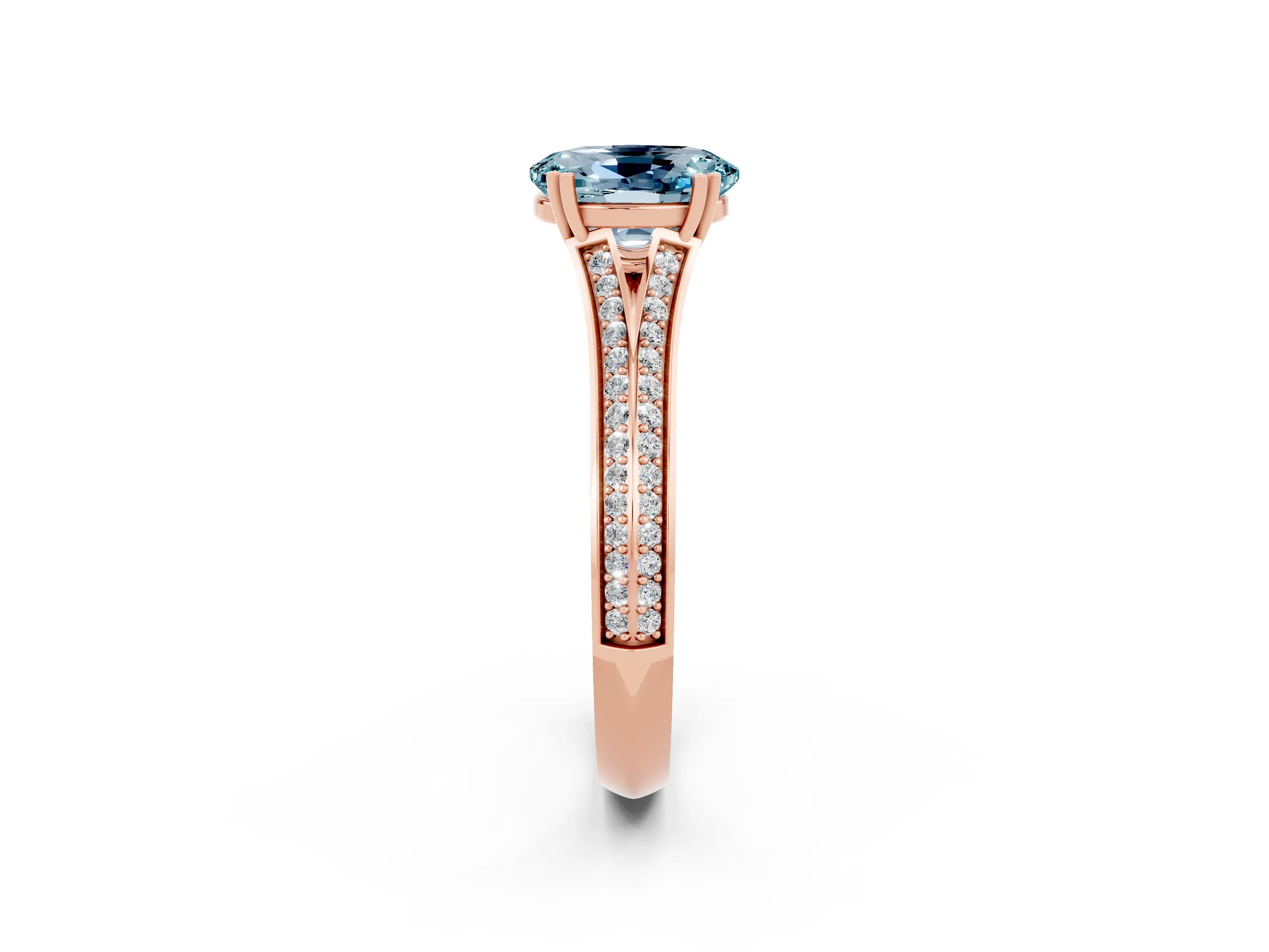 Rose gold Oval Cut Aquamarine Split Shank Engagement Ring with Pavé Band_2