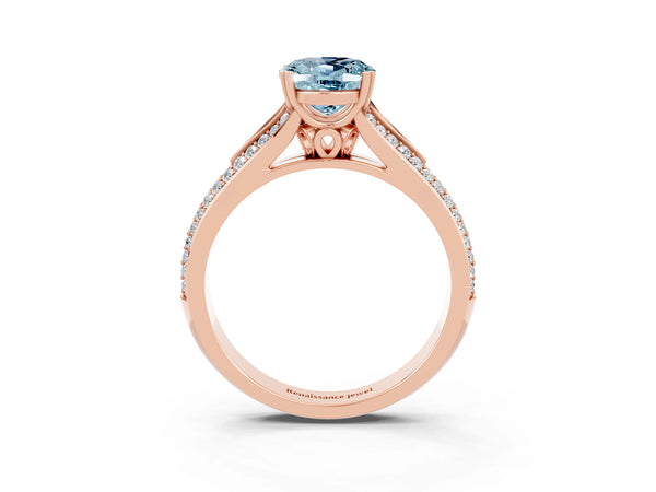 Rose gold Oval Cut Aquamarine Split Shank Engagement Ring with Pavé Band