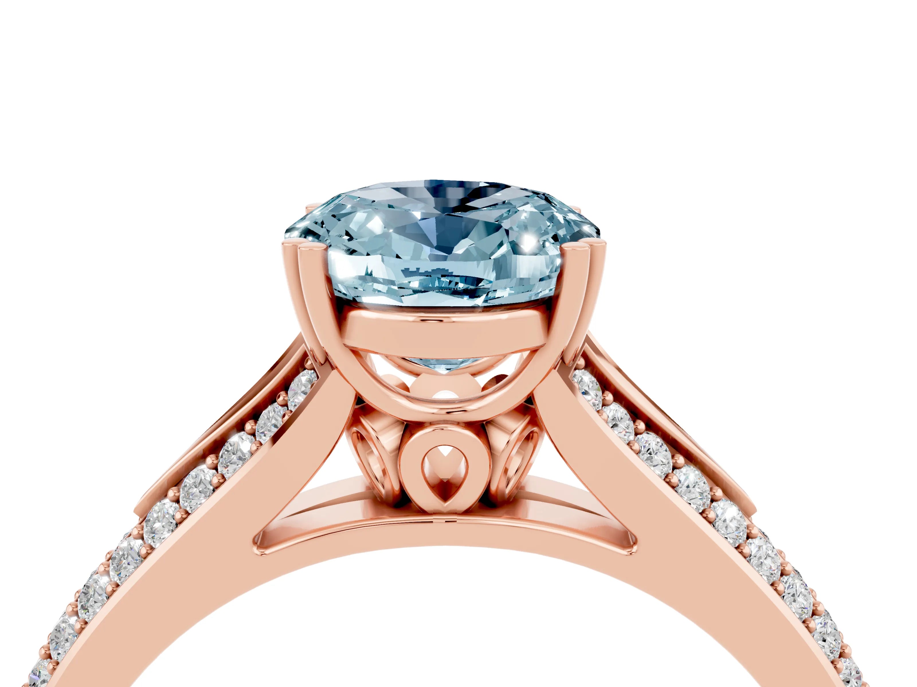 Rose gold Oval Cut Aquamarine Split Shank Engagement Ring with Pavé Band_4