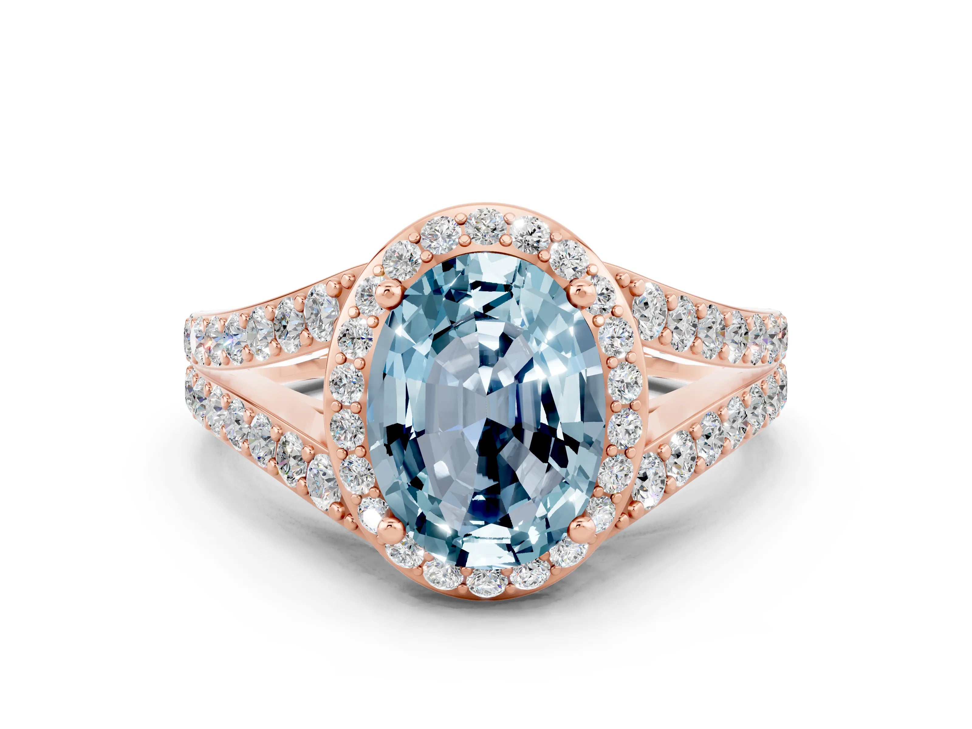 Rose gold Oval Cut Aquamarine Split Shank Halo Ring with Four-Prong Setting_12