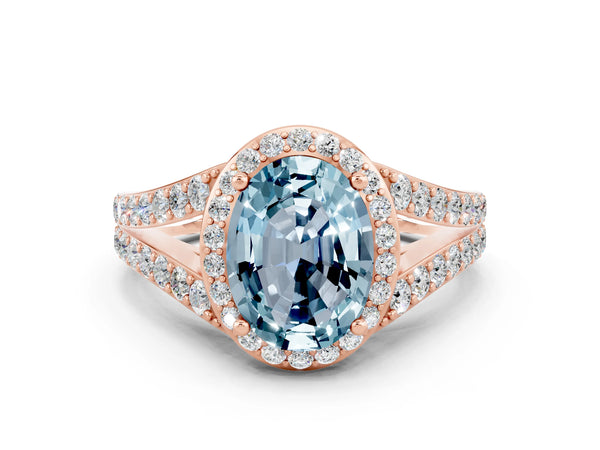 Rose gold Oval Cut Aquamarine Split Shank Halo Ring with Four-Prong Setting