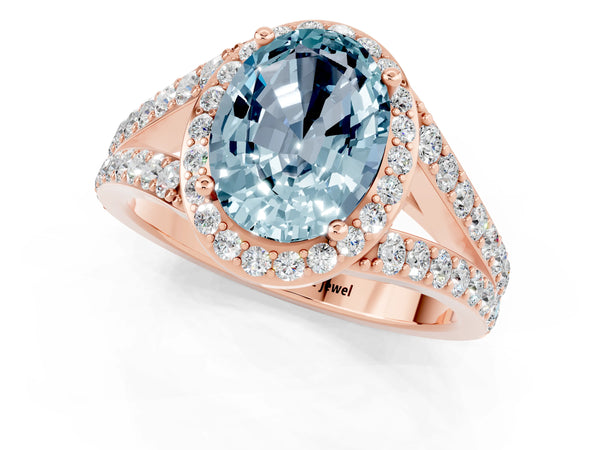 Rose gold Oval Cut Aquamarine Split Shank Halo Ring with Four-Prong Setting