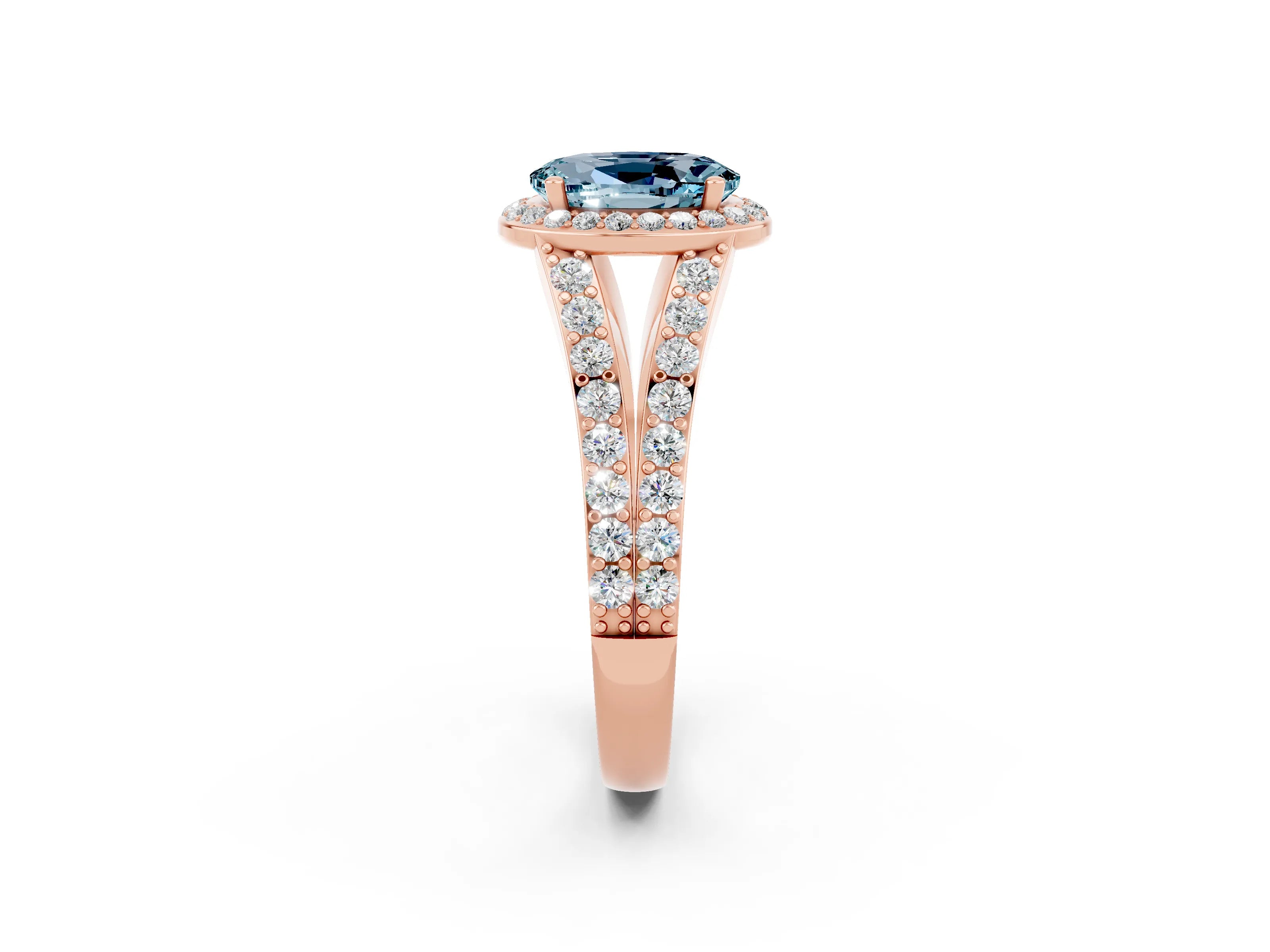 Rose gold Oval Cut Aquamarine Split Shank Halo Ring with Four-Prong Setting_14
