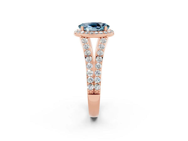 Rose gold Oval Cut Aquamarine Split Shank Halo Ring with Four-Prong Setting