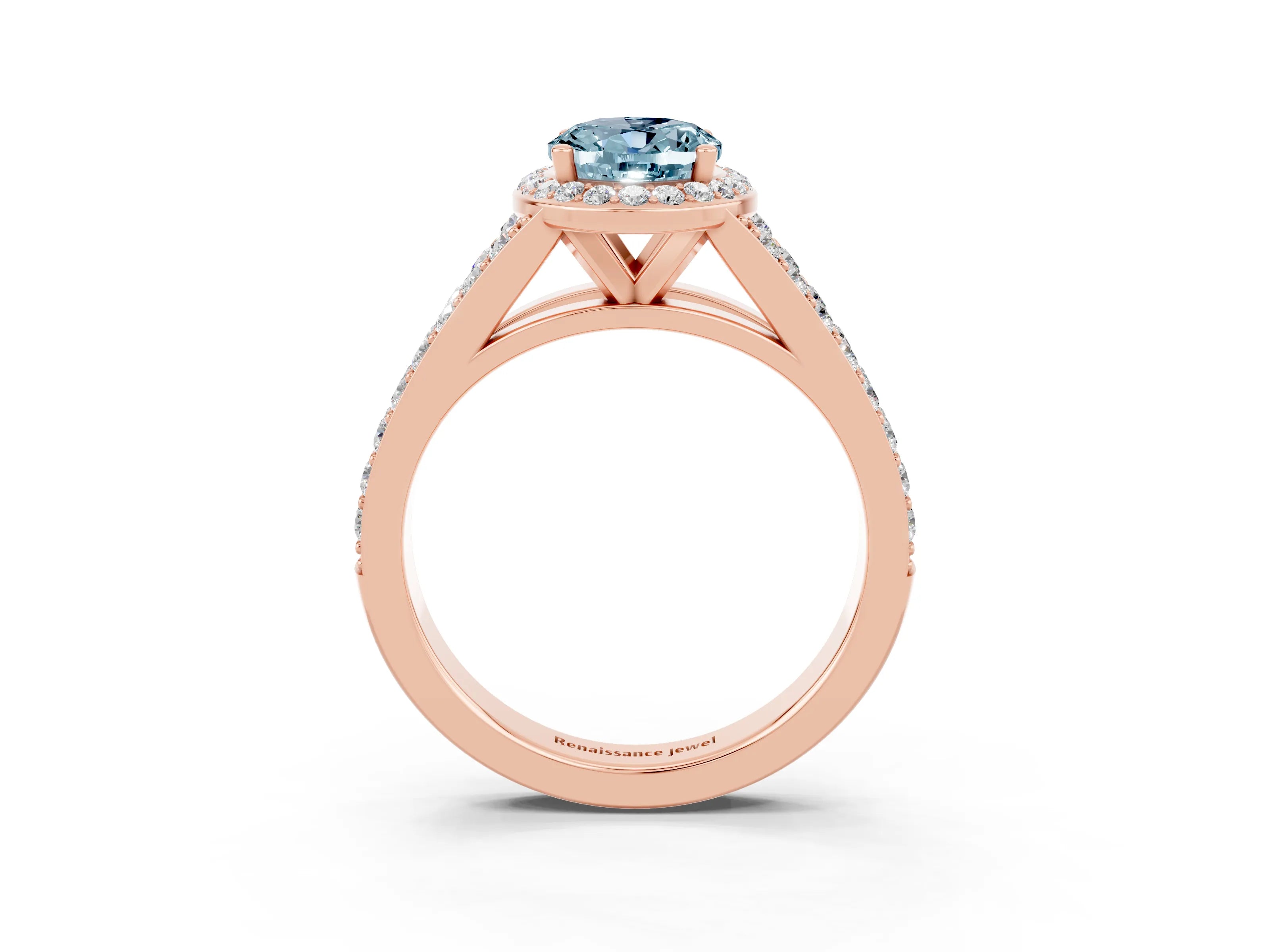 Rose gold Oval Cut Aquamarine Split Shank Halo Ring with Four-Prong Setting_15