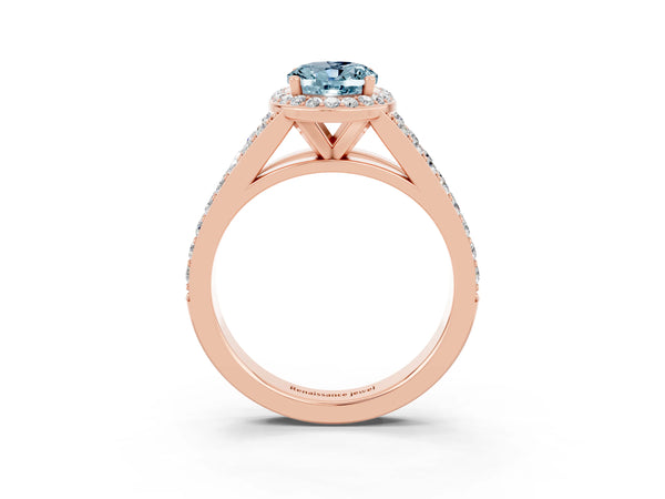 Rose gold Oval Cut Aquamarine Split Shank Halo Ring with Four-Prong Setting