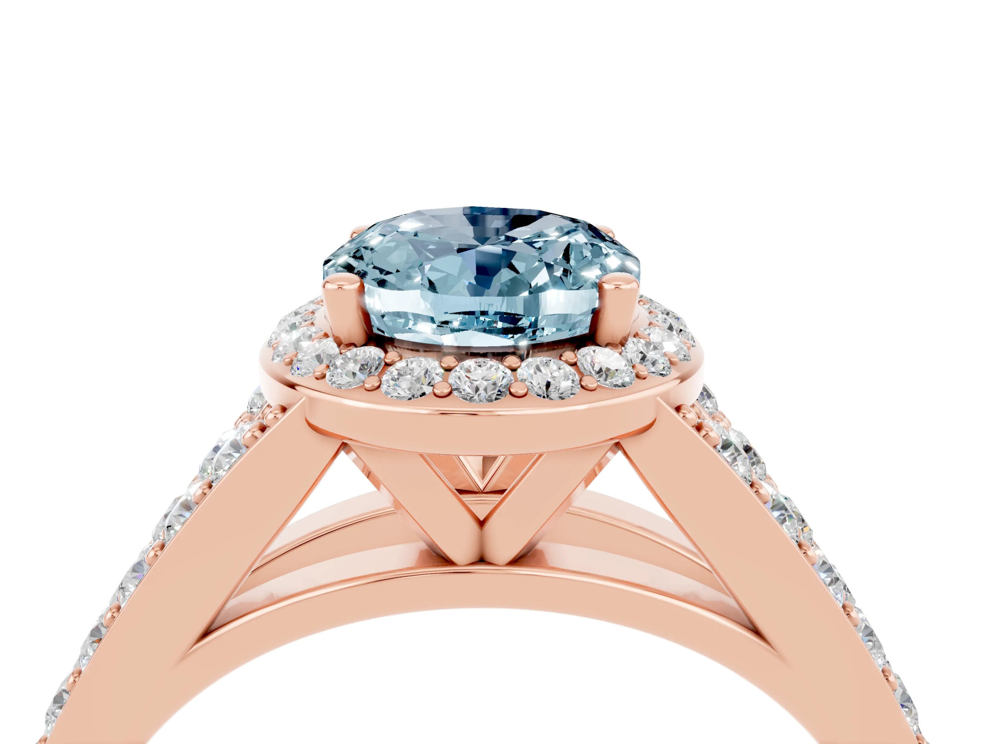 Rose gold Oval Cut Aquamarine Split Shank Halo Ring with Four-Prong Setting_16
