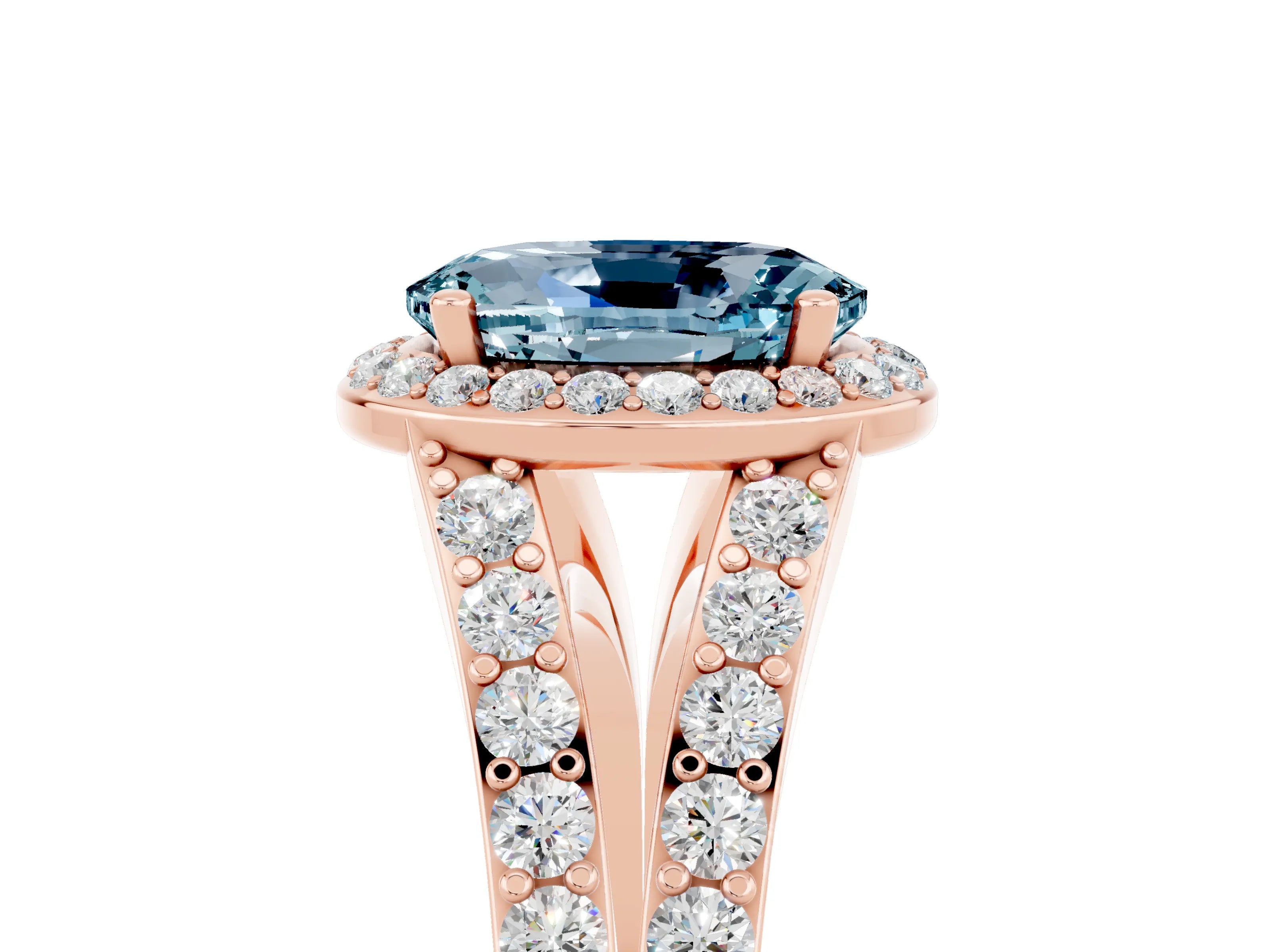 Rose gold Oval Cut Aquamarine Split Shank Halo Ring with Four-Prong Setting_17