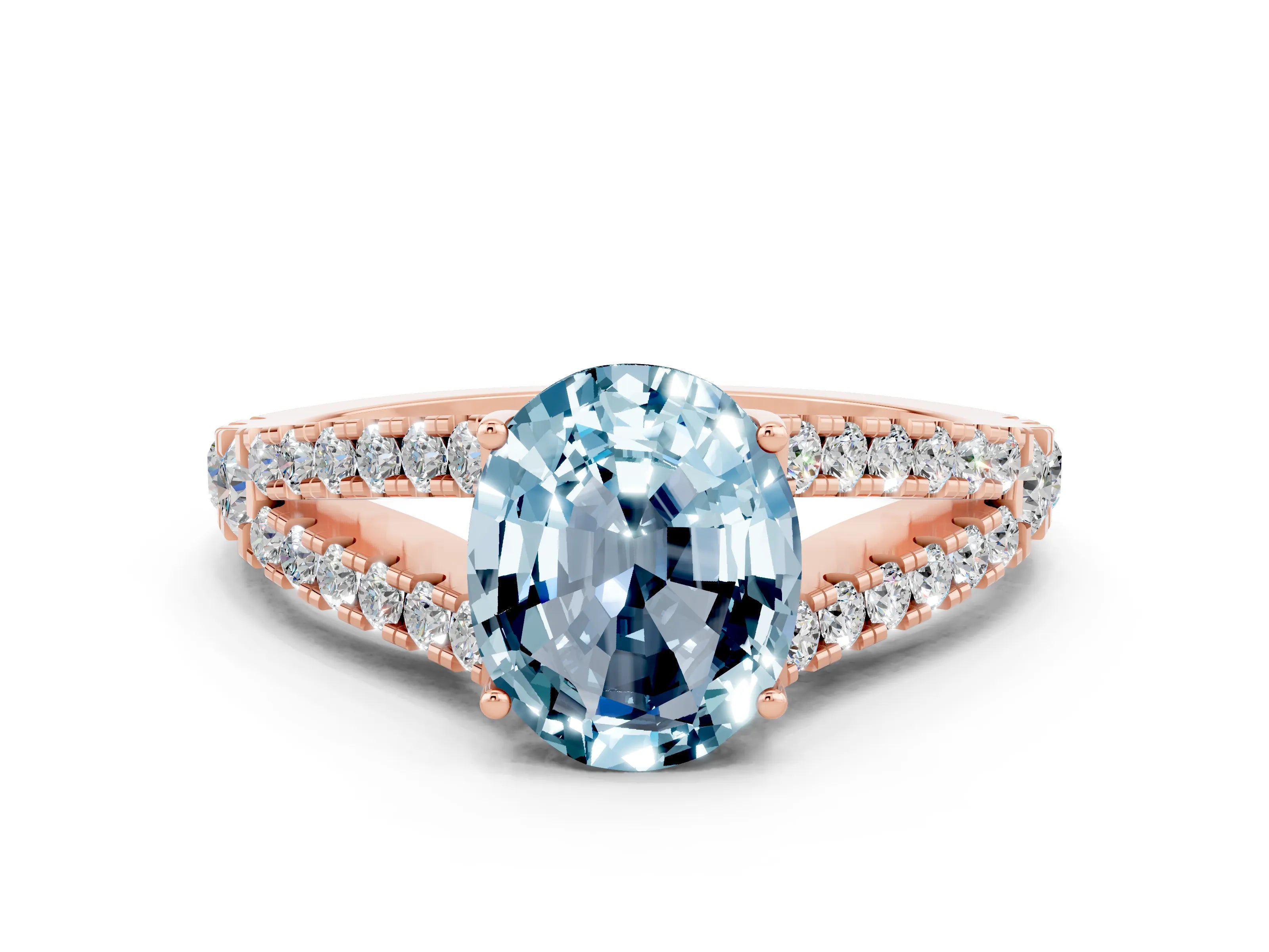 Rose gold Oval Cut Aquamarine Split Shank Pavé Engagement Ring with Four-Prong Setting_12