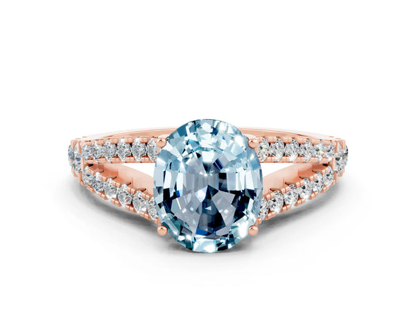 Rose gold Oval Cut Aquamarine Split Shank Pavé Engagement Ring with Four-Prong Setting
