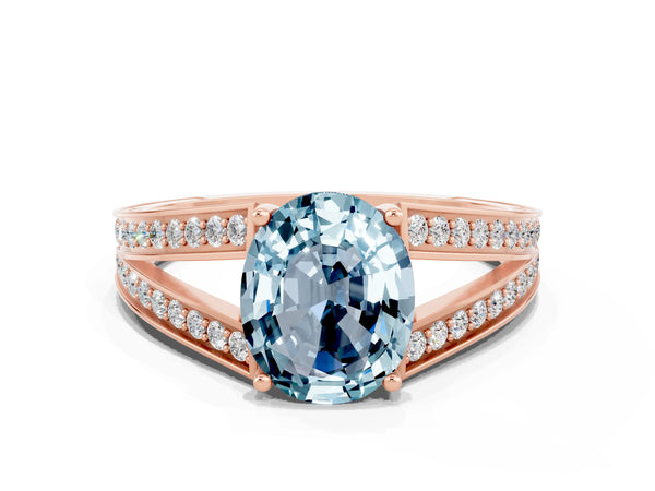 Rose gold Oval Cut Aquamarine Split Shank Ring with Pavé Band and Four-Prong Setting