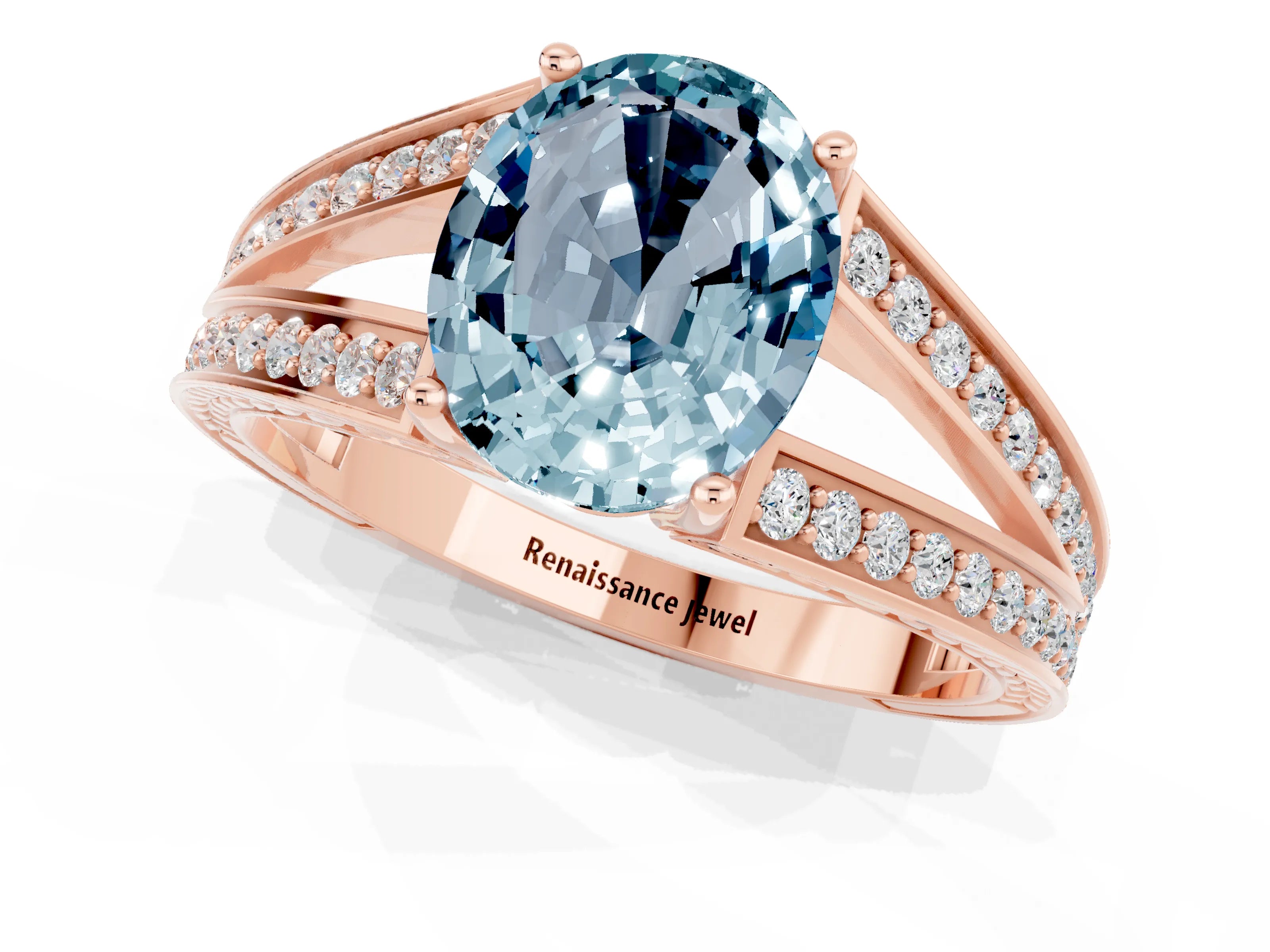 Rose gold Oval Cut Aquamarine Split Shank Ring with Pavé Band and Four-Prong Setting_1