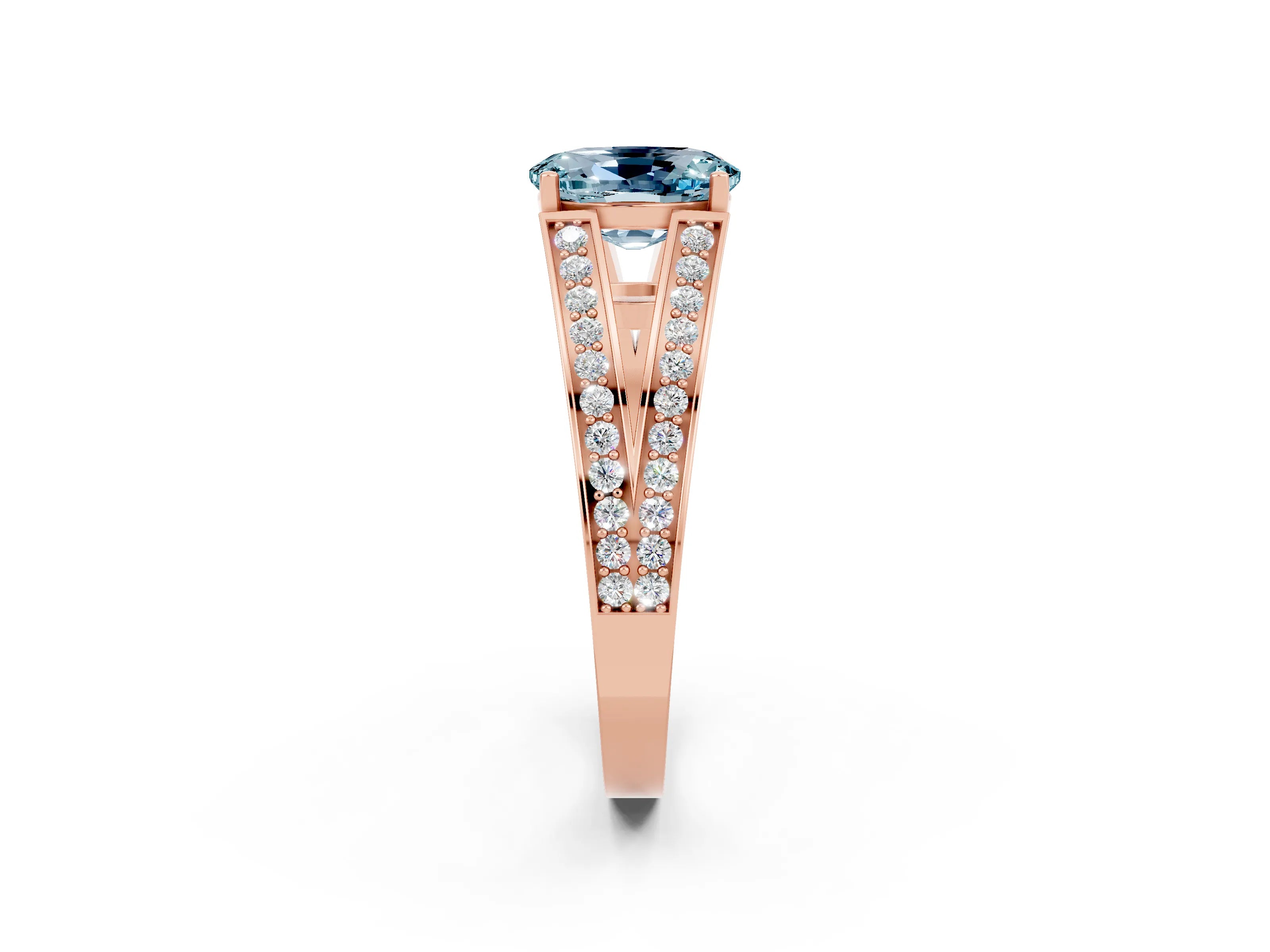 Rose gold Oval Cut Aquamarine Split Shank Ring with Pavé Band and Four-Prong Setting_2