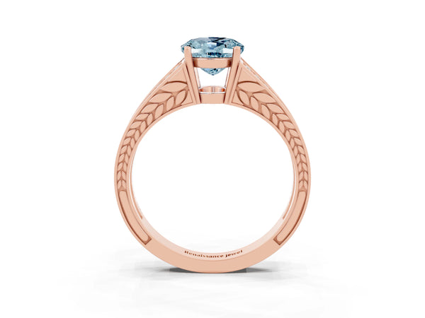 Rose gold Oval Cut Aquamarine Split Shank Ring with Pavé Band and Four-Prong Setting