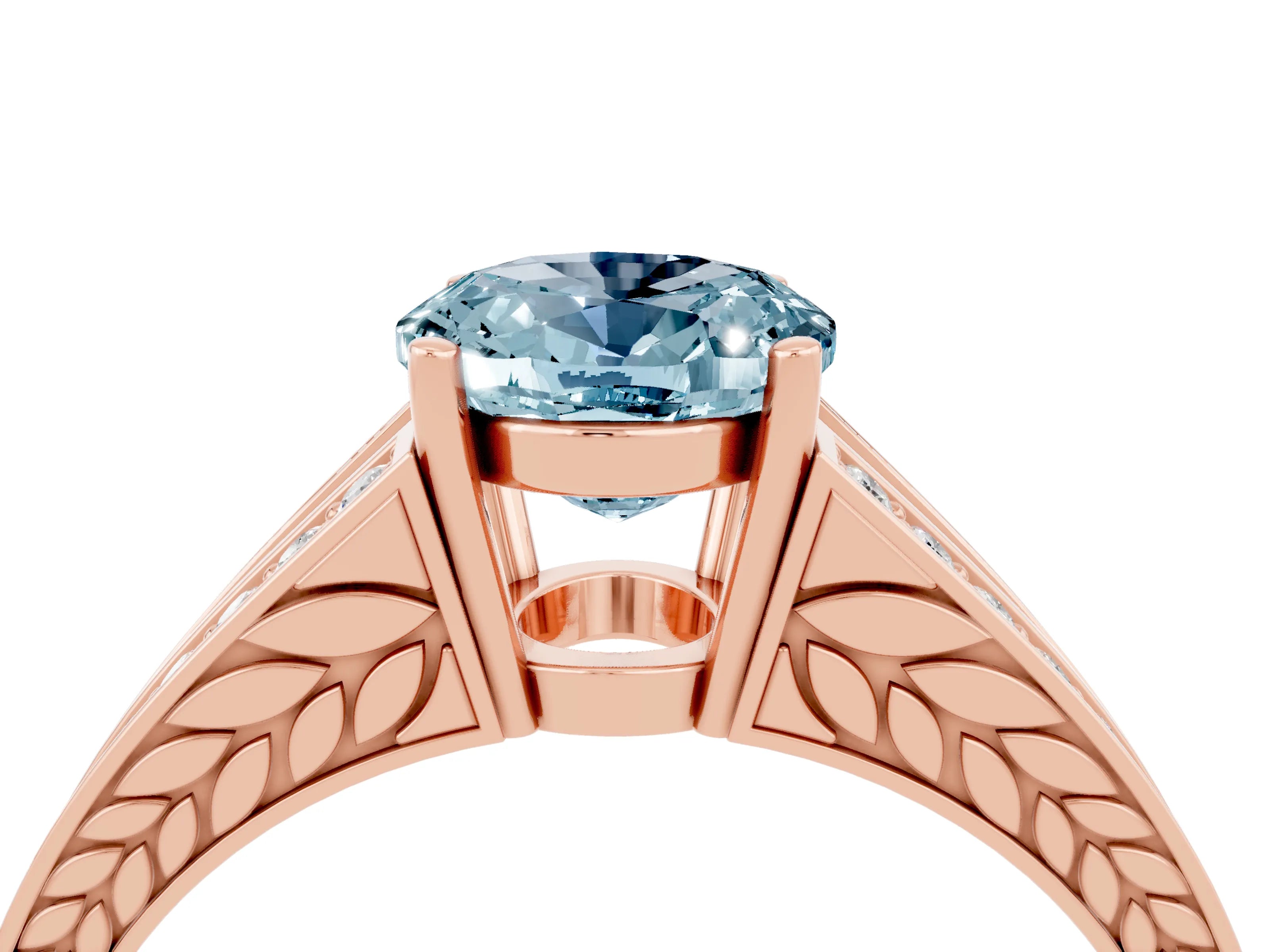 Rose gold Oval Cut Aquamarine Split Shank Ring with Pavé Band and Four-Prong Setting_4