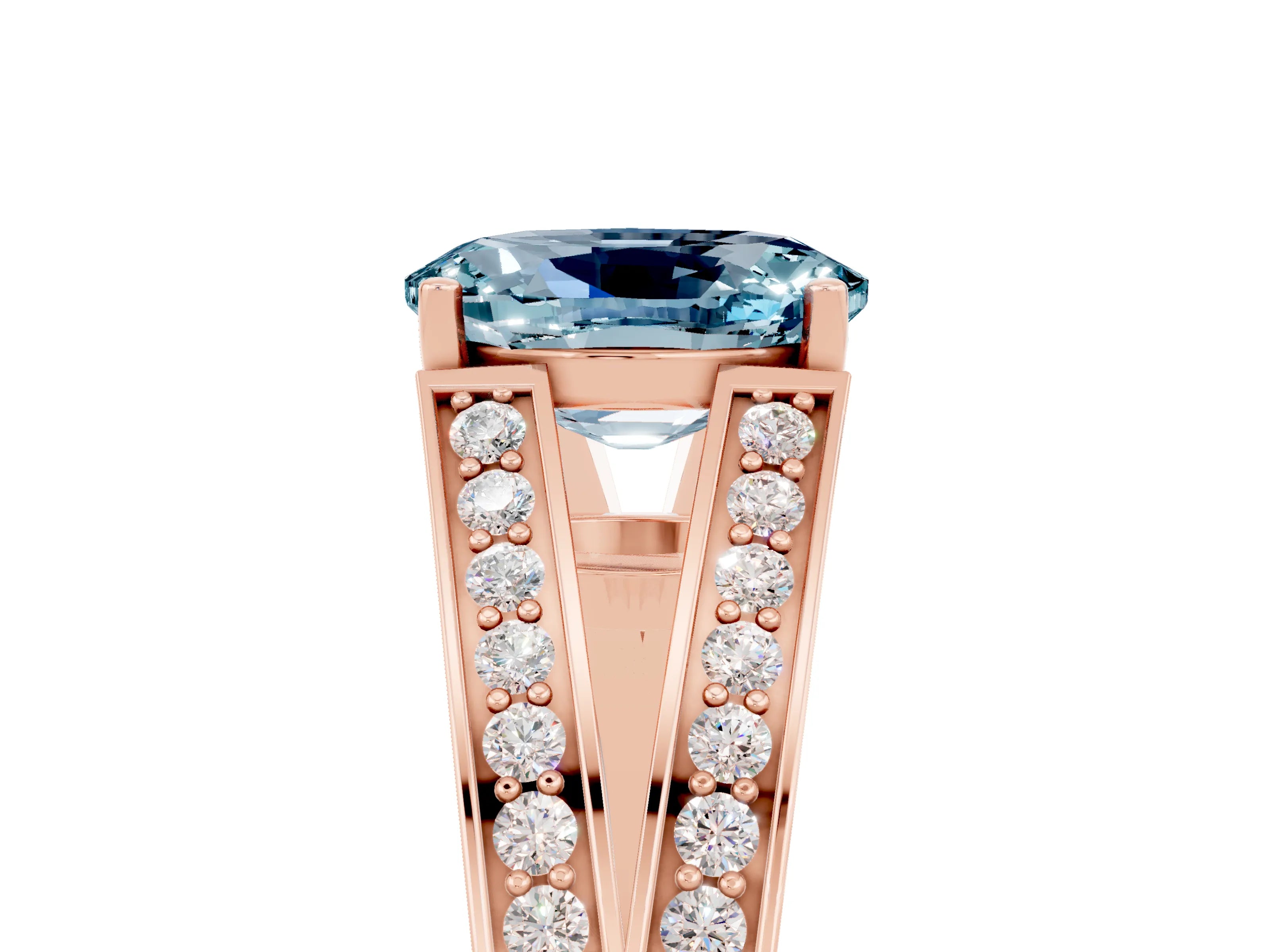 Rose gold Oval Cut Aquamarine Split Shank Ring with Pavé Band and Four-Prong Setting_5