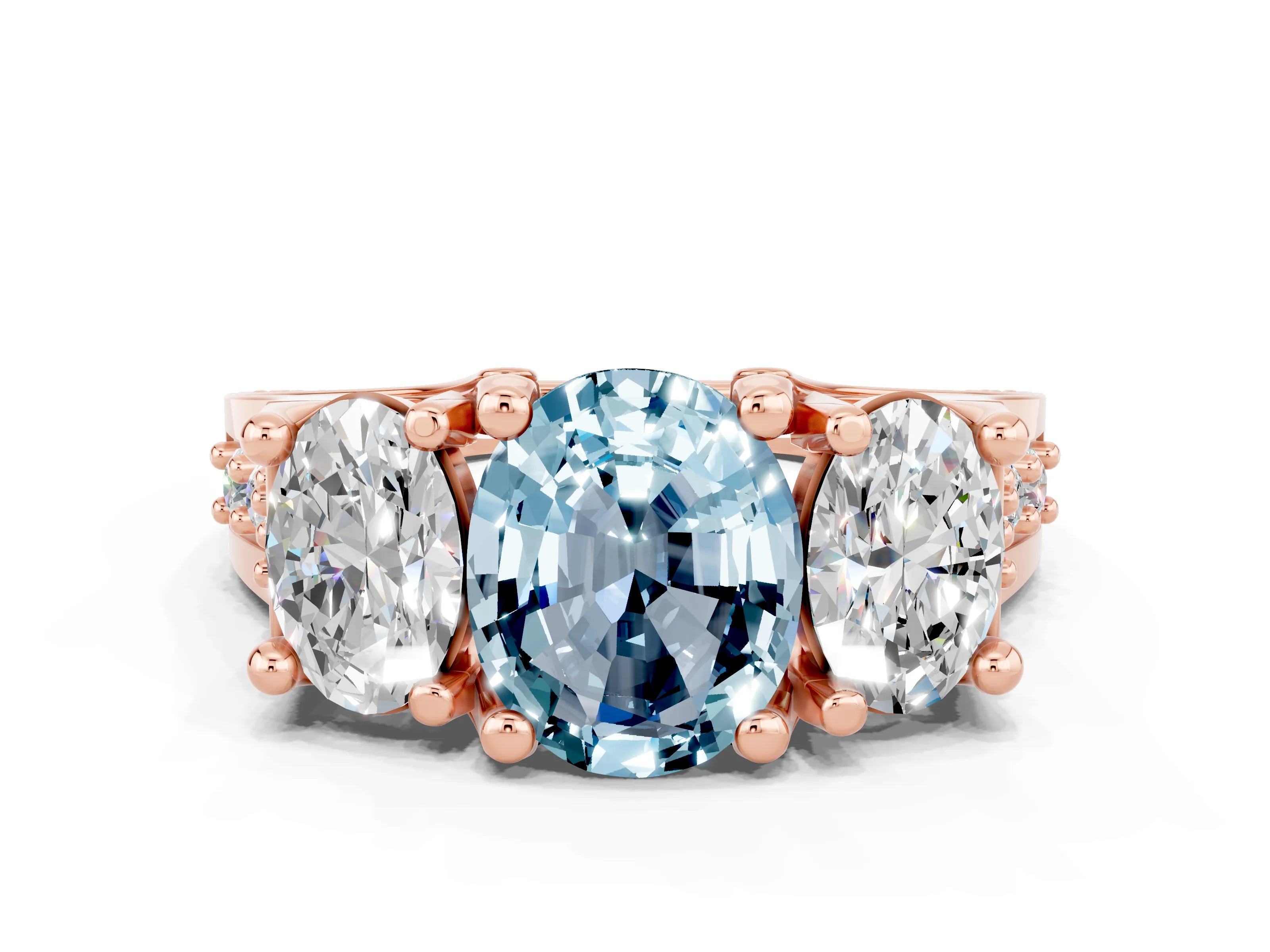 Rose gold Oval Cut Aquamarine Three-Stone Ring with Channel Set Band and Four-Prong Setting