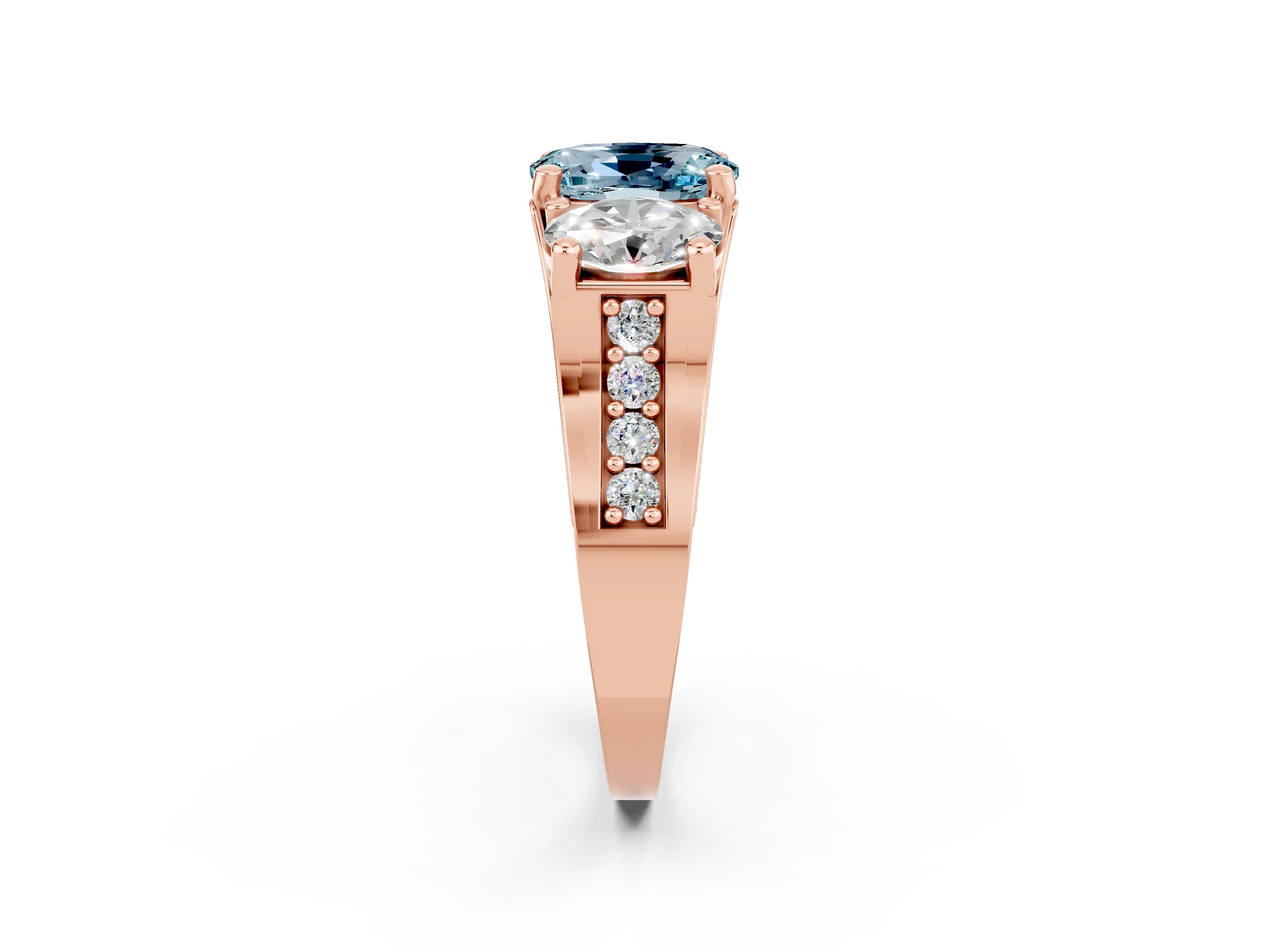 Rose gold Oval Cut Aquamarine Three-Stone Ring with Channel Set Band and Four-Prong Setting_2