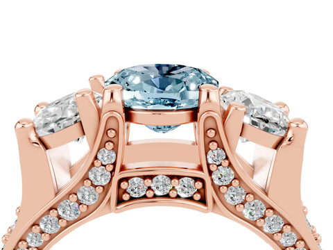 Rose gold Oval Cut Aquamarine Three-Stone Ring with Channel Set Band and Four-Prong Setting_4