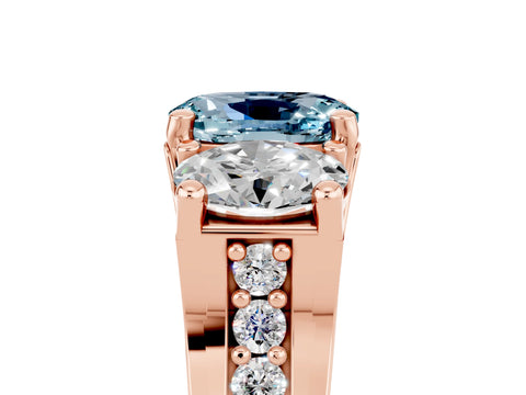 Rose gold Oval Cut Aquamarine Three-Stone Ring with Channel Set Band and Four-Prong Setting_5