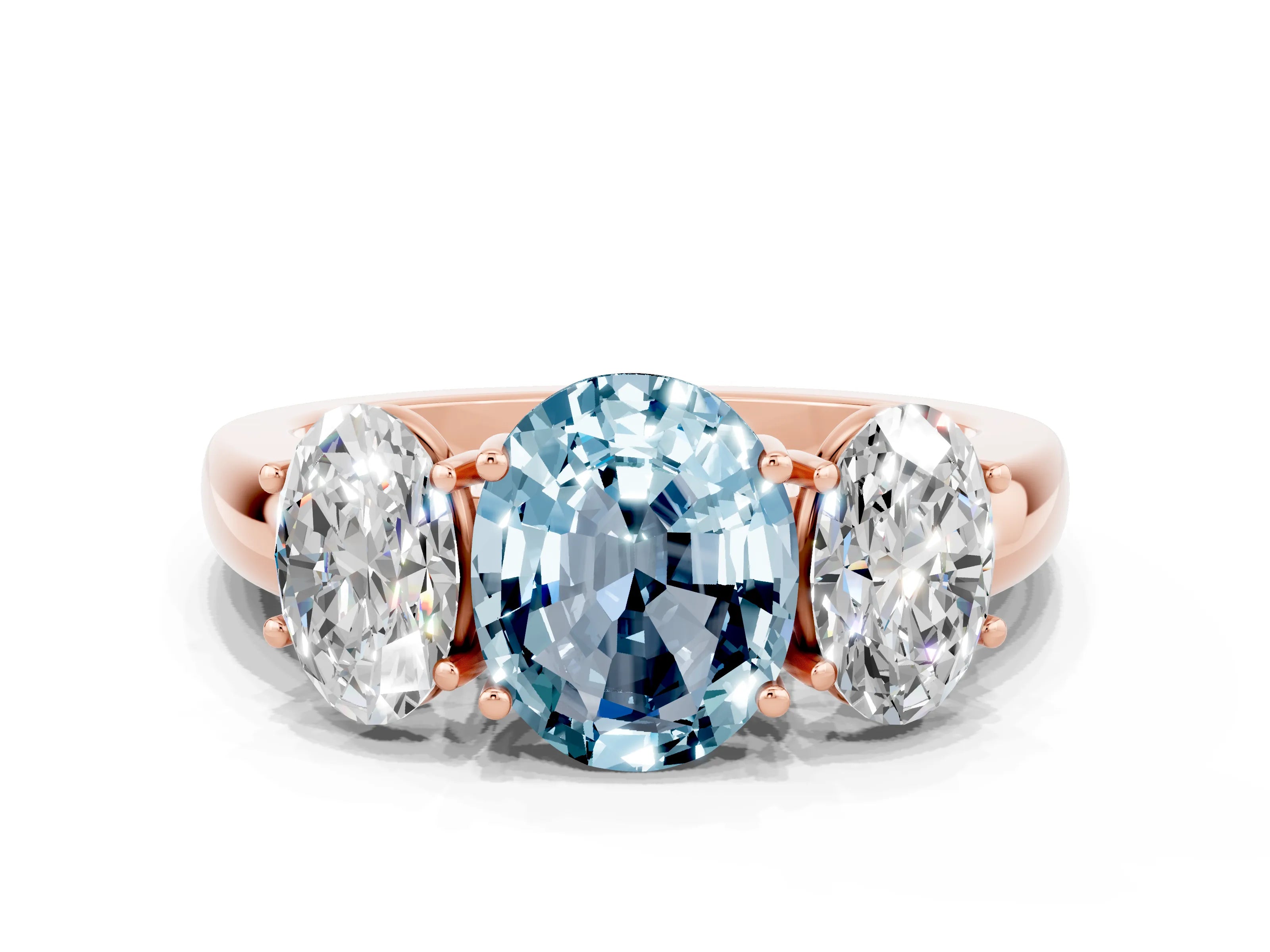Rose gold Oval Cut Aquamarine Three-Stone Ring with Four-Prong Setting and Classic Band