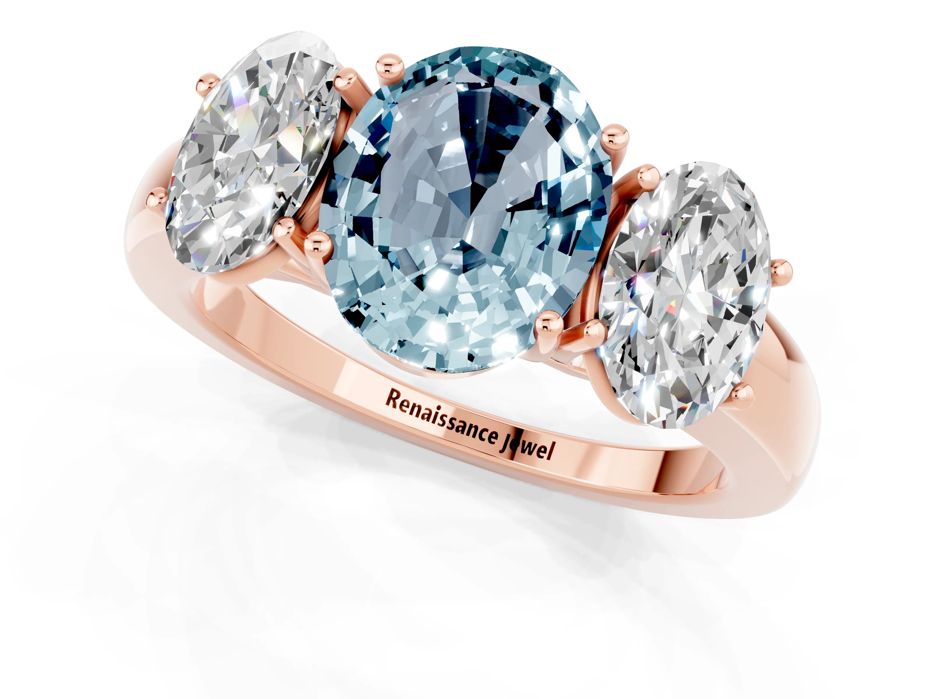 Rose gold Oval Cut Aquamarine Three-Stone Ring with Four-Prong Setting and Classic Band_1