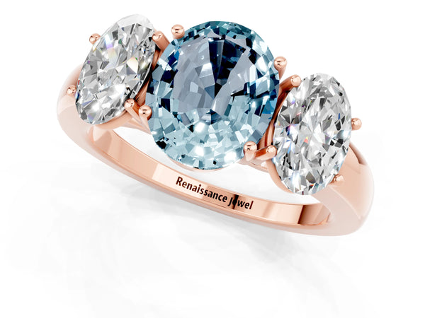 Rose gold Oval Cut Aquamarine Three-Stone Ring with Four-Prong Setting and Classic Band