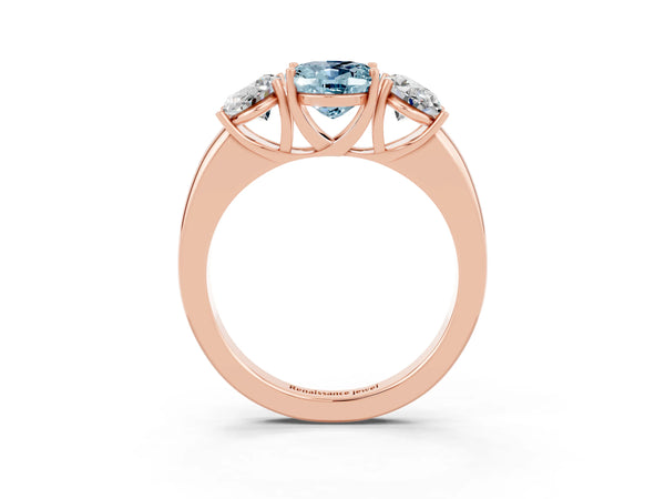 Rose gold Oval Cut Aquamarine Three-Stone Ring with Four-Prong Setting and Classic Band