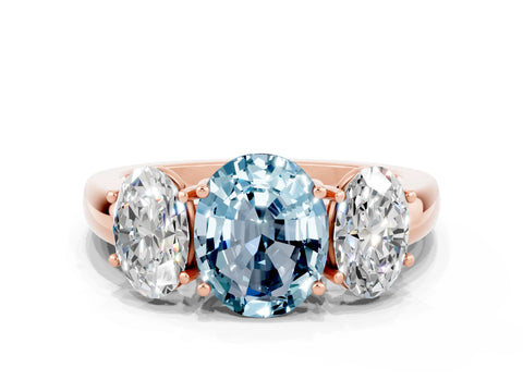 Rose gold Oval Cut Aquamarine Three-Stone Ring with Four-Prong Setting and Classic Band