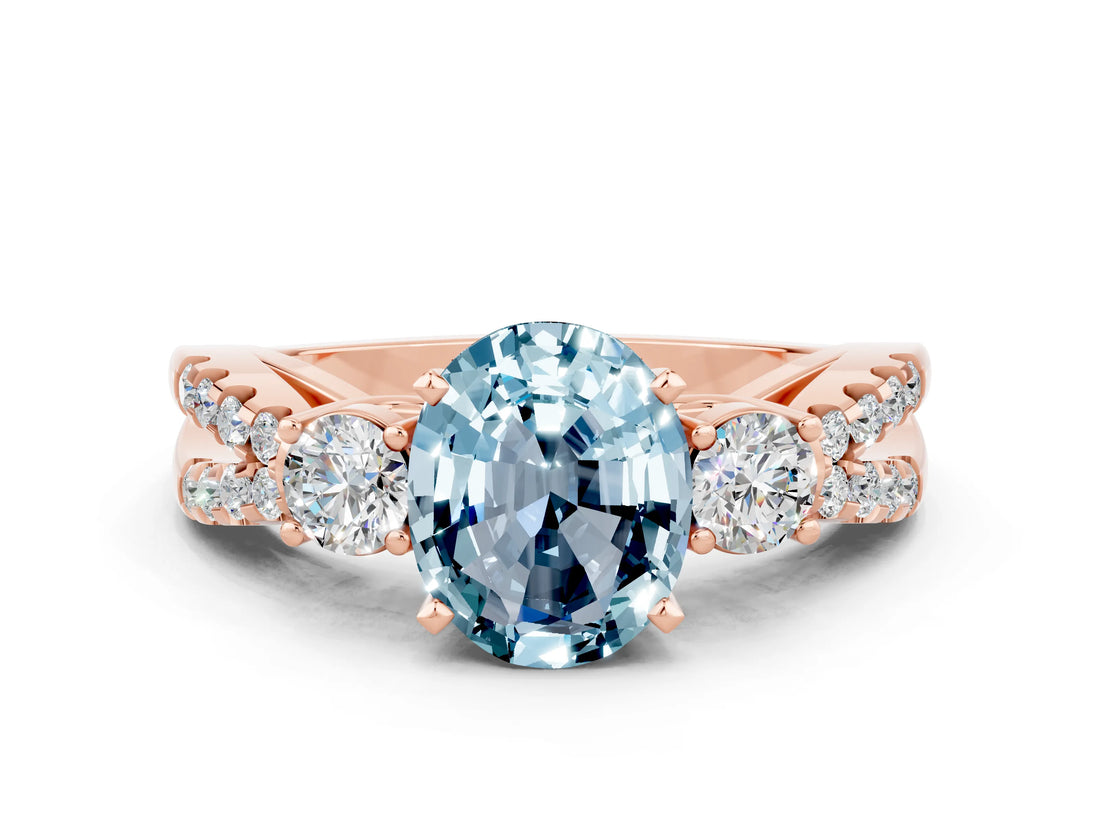 Rose gold Oval Cut Aquamarine Three-Stone Ring with Pavé Split Shank and Four-Prong Setting_12