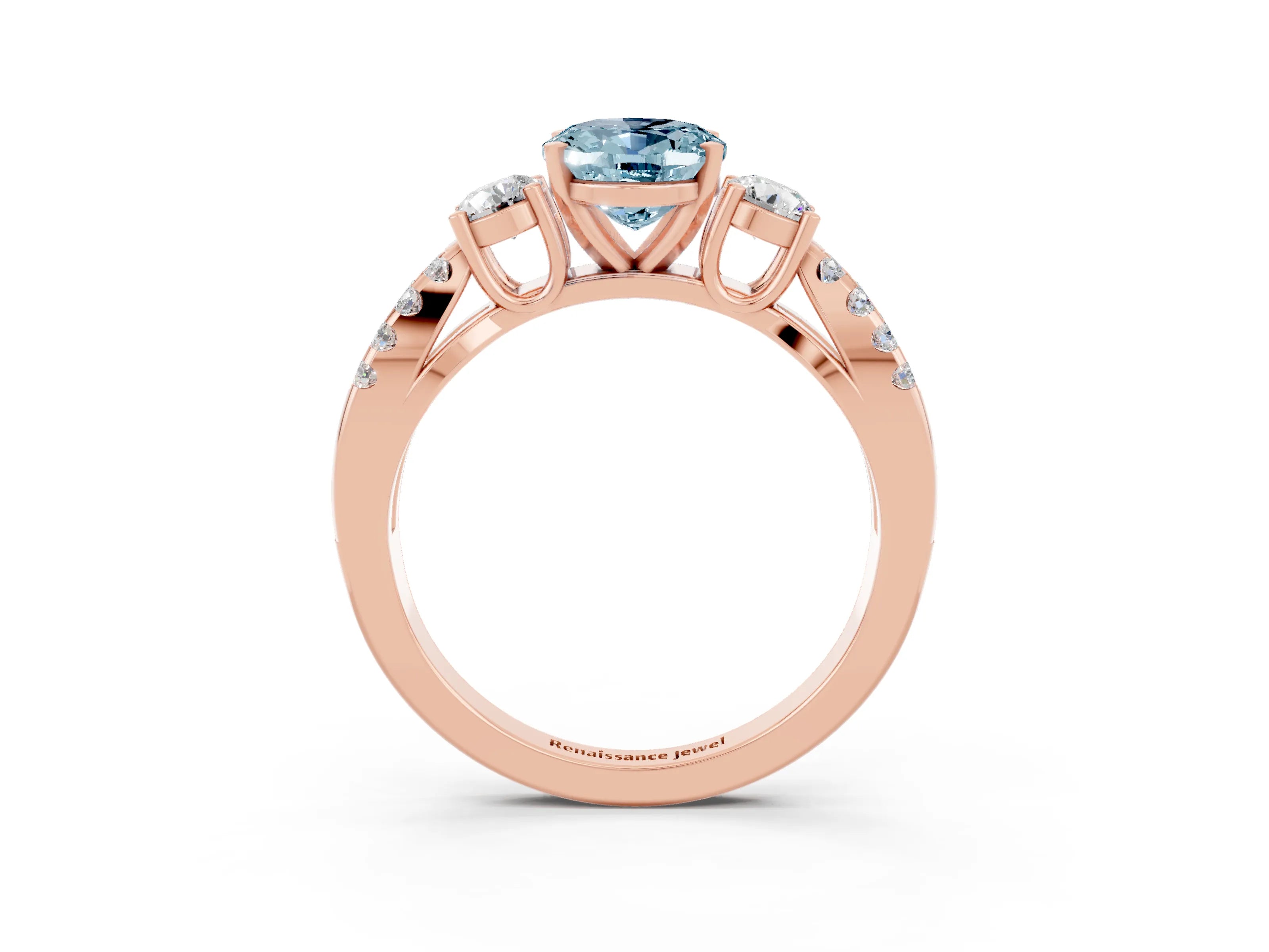 Rose gold Oval Cut Aquamarine Three-Stone Ring with Pavé Split Shank and Four-Prong Setting_15