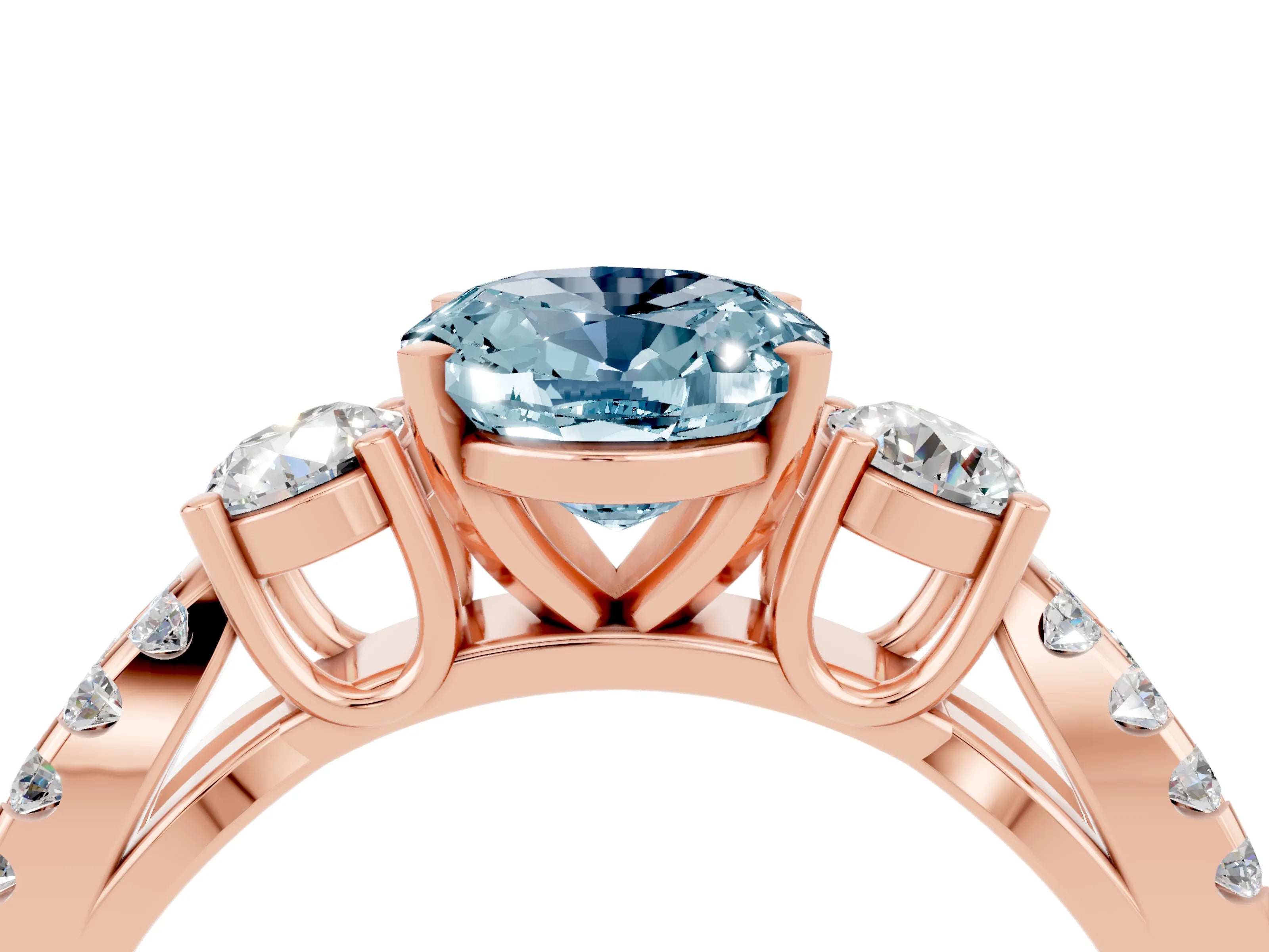 Rose gold Oval Cut Aquamarine Three-Stone Ring with Pavé Split Shank and Four-Prong Setting_16